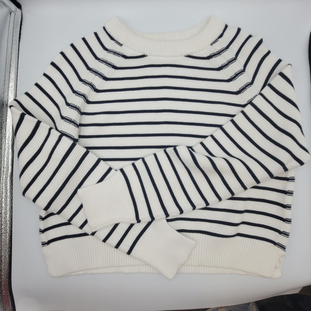 French Connection Womens Striped Cotton Knit Sweater White Navy Blue Sz M Breton